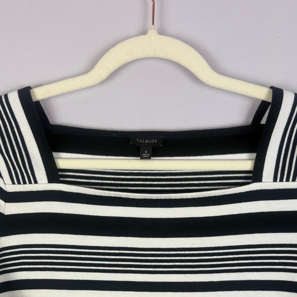 Talbots Cotton Classic Black White Striped Square Neckline 3/4 Sleeve Small Top - Picture 6 of 10